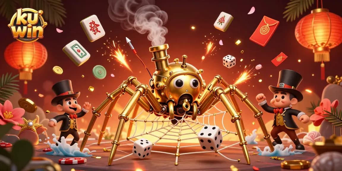 Experience the thrilling world of ku win with golden spider webs catching dice in a dynamic casino scene.