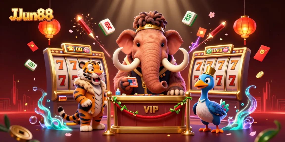 Experience the vibrant casino excitement at JJun88 with a lively scene featuring unique characters and dynamic game elements.
