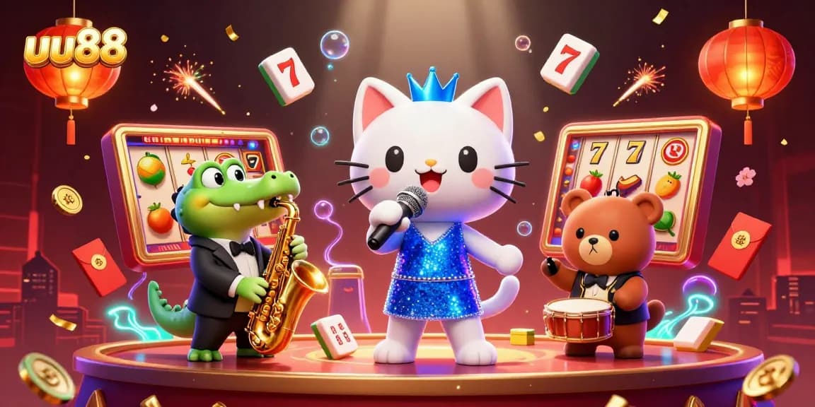 uu88 casino experience with a jazz singer cat and vibrant slot game elements