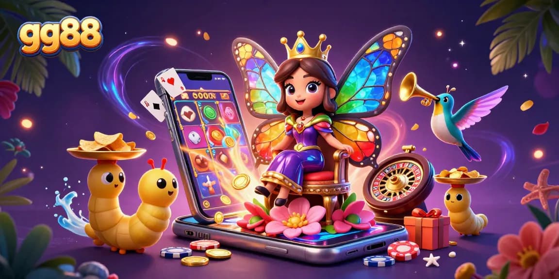 Engage with gg88's vibrant casino world featuring a dazzling butterfly queen and golden triumph.