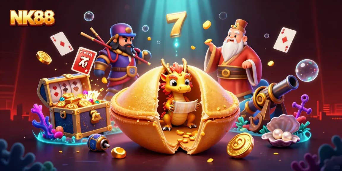 Engage with NK88's exciting slot games featuring a vibrant animated scene packed with action.