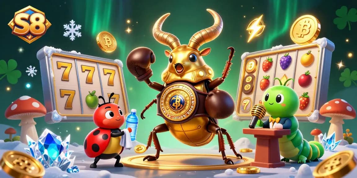 S8 showcases a boxing beetle in a casino with slot reels and crypto coins, featuring vibrant gambling elements.