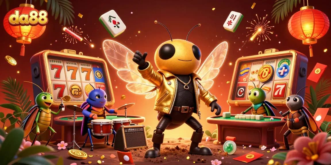 Experience thrilling gaming action at da88 with vibrant details of a rock star and casino elements.