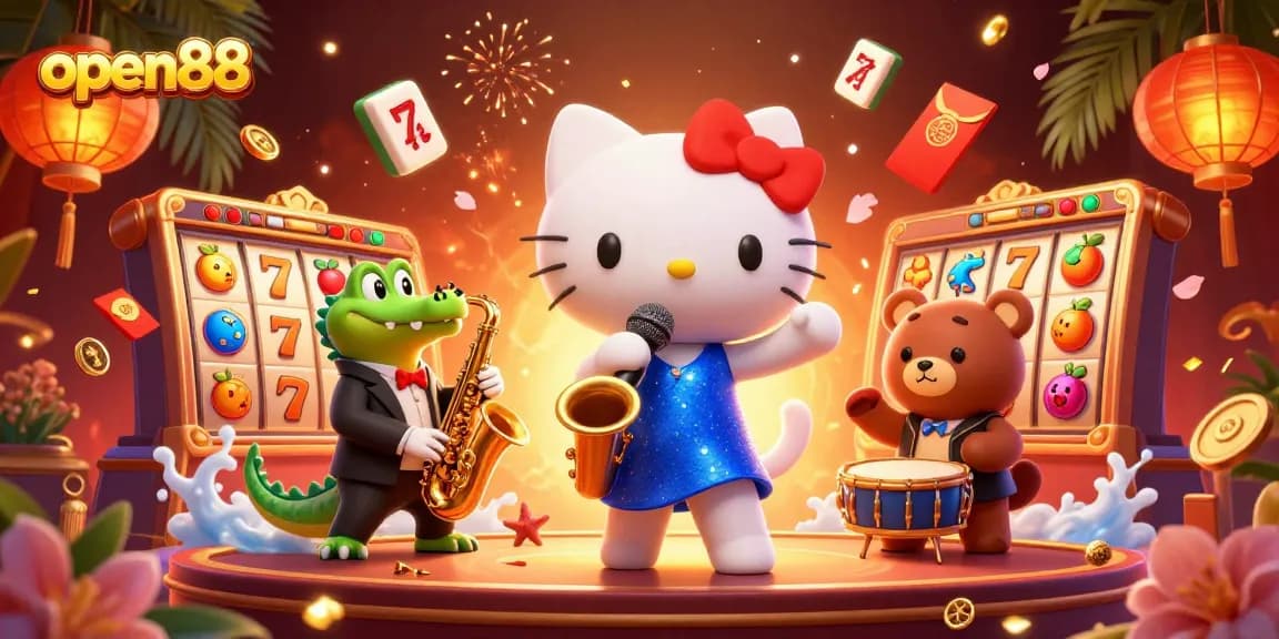 Experience the thrill of open88 with a lively casino scene featuring a jazz-singer cat and vibrant game elements.