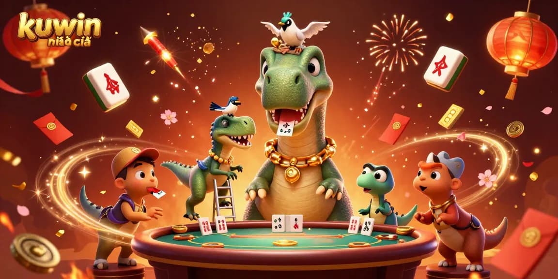 Experience the thrill at kuwin nhà cái, where a giant brontosaurus oversees a lively poker game with vibrant casino elements.