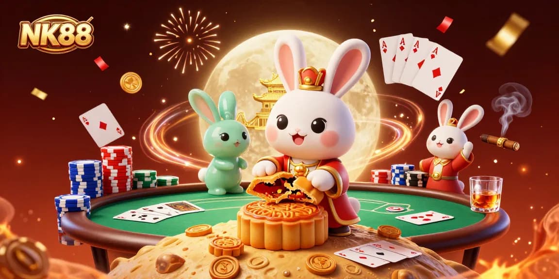 Play poker and win with NK88 at a festive casino scene featuring vibrant colors and engaging characters.