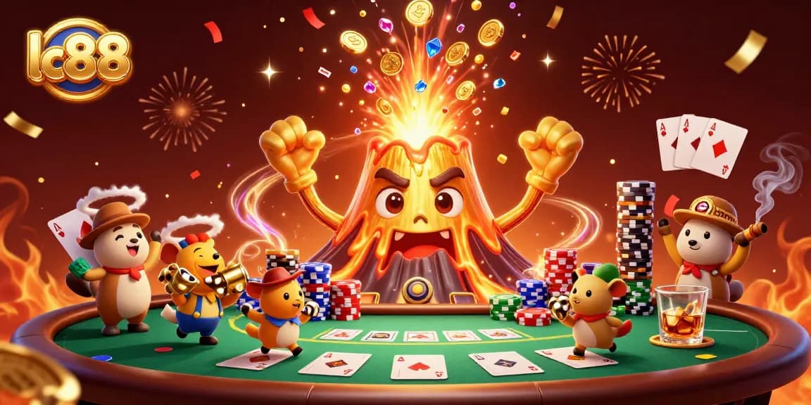 Experience thrilling wins at lc88 with a vibrant poker scene featuring a golden volcano erupting with coins.