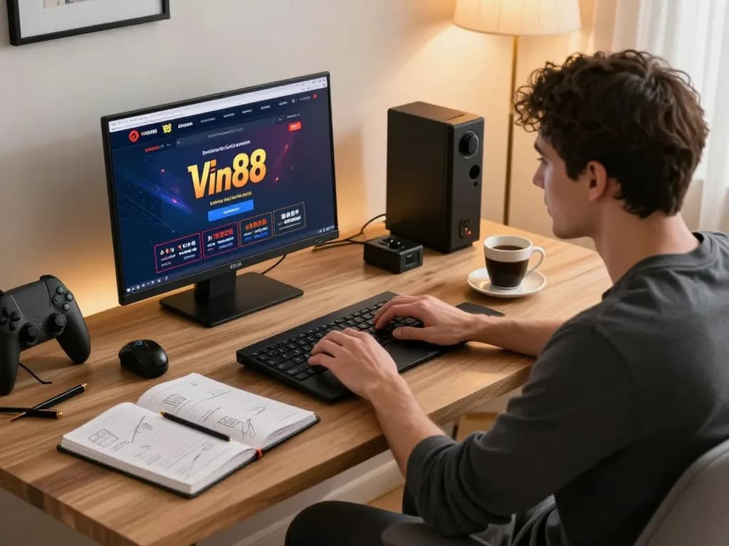 Player engaged in online gambling with Vin88 platform, showcasing a stylish home gaming setup.