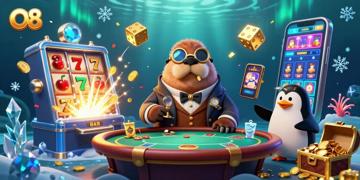 O8 players enjoying underwater poker with unique characters and vibrant casino elements.