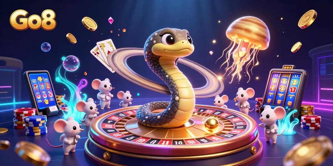 Experience thrilling bets at Go8 with a cosmic dealer amid vibrant casino elements.