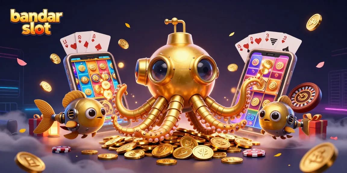 Explore thrilling bandar slot gameplay with golden kraken submarine and vibrant slot game elements.