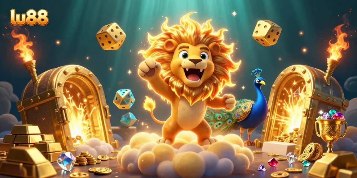 Experience the excitement of lu88 with a vibrant 3D scene filled with gold treasures and games.