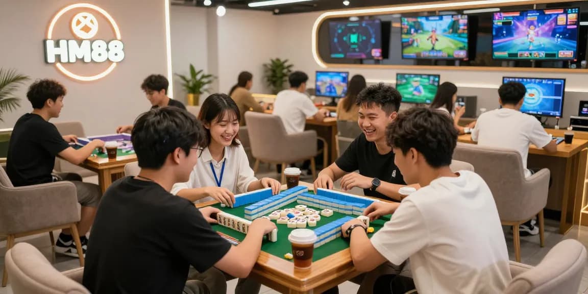 Exciting gaming scene at HM88 café with players enjoying Mahjong tiles and vibrant atmosphere.