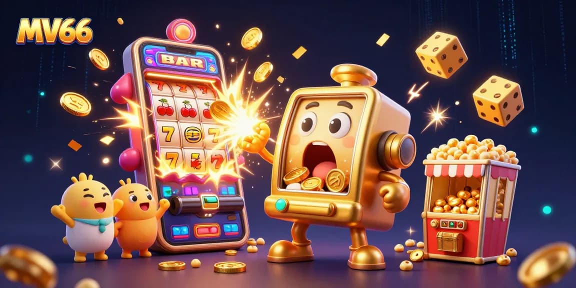MV66 slot machine jackpot celebration with coins pouring, energetic cartoon scene.