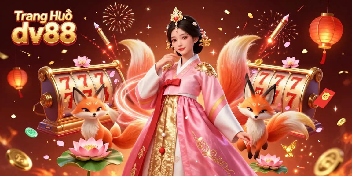 Experience exciting gameplay at Trang Chủ dv88 with an elegant Asian woman, lucky fox, and festive gaming elements.