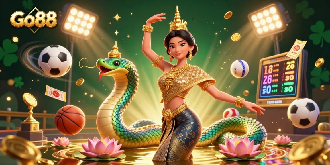 Experience thrilling gaming at Go88 with a vibrant scene featuring casino elements and lively characters.