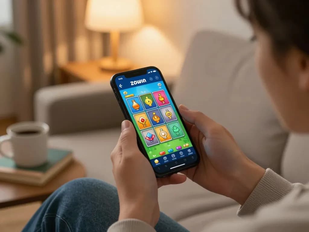 ZOWIN tải mobile app shown on smartphone screen in a cozy gaming setting, emphasizing comfortable home entertainment