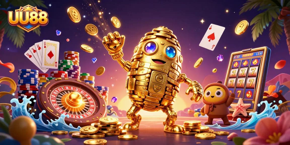 Spin the reels at UU88 with a golden golem surrounded by casino treasures.