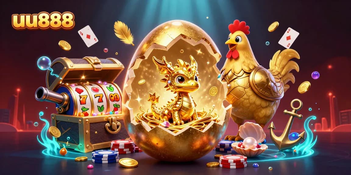 Engage with the captivating uu888-themed casino scene featuring a golden dragon and vibrant game elements.
