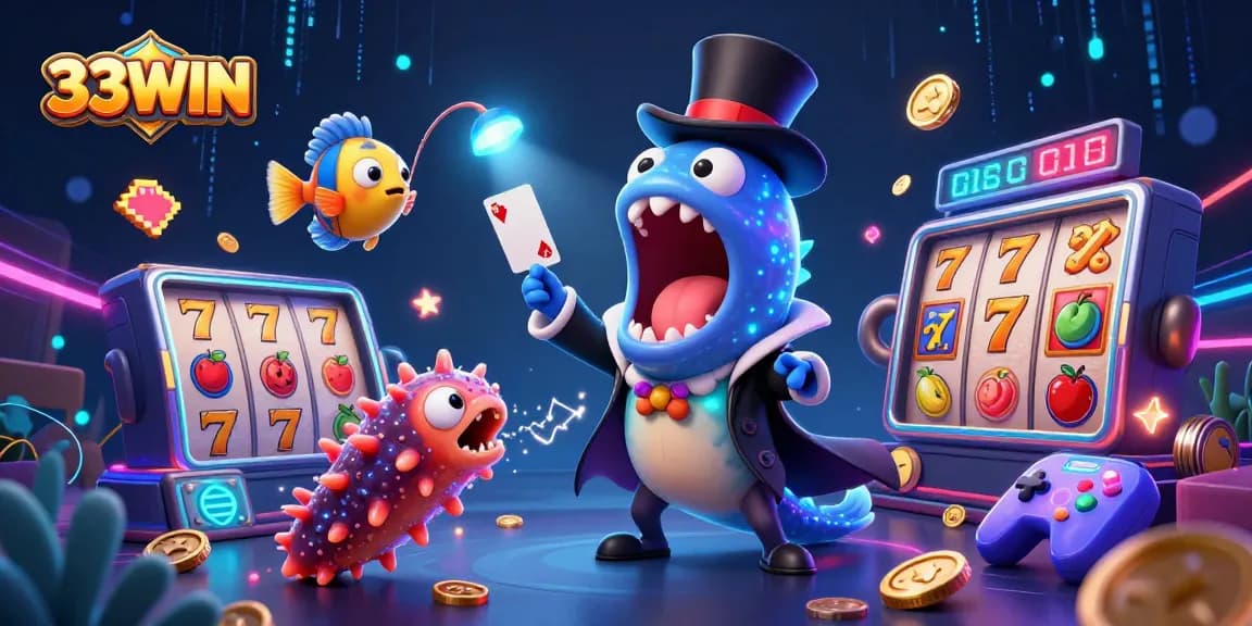 Engage with 33WIN's vibrant casino magic featuring a bioluminescent eel and captivating game elements.