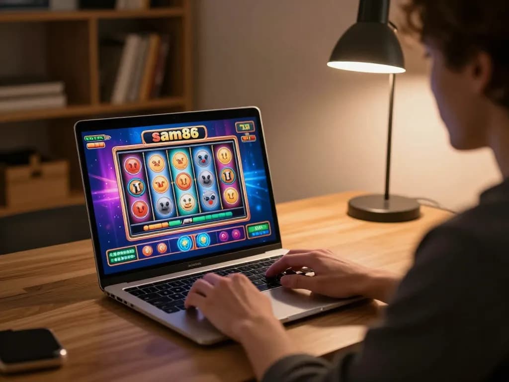 Player engages with sam86 online casino game on laptop, showcasing an interactive and immersive gaming experience.