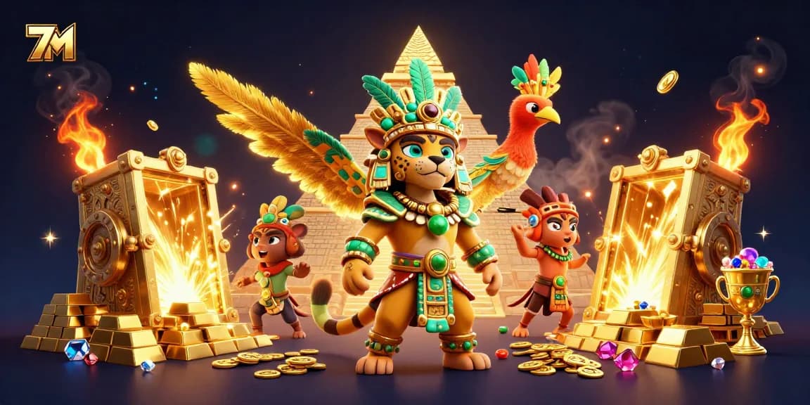 Experience thrilling wins at 7M with a vibrant casino scene featuring treasures and iconic symbols.