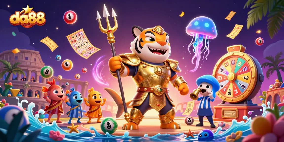 Experience the excitement of da88 with vibrant lottery elements and a dynamic underwater scene.