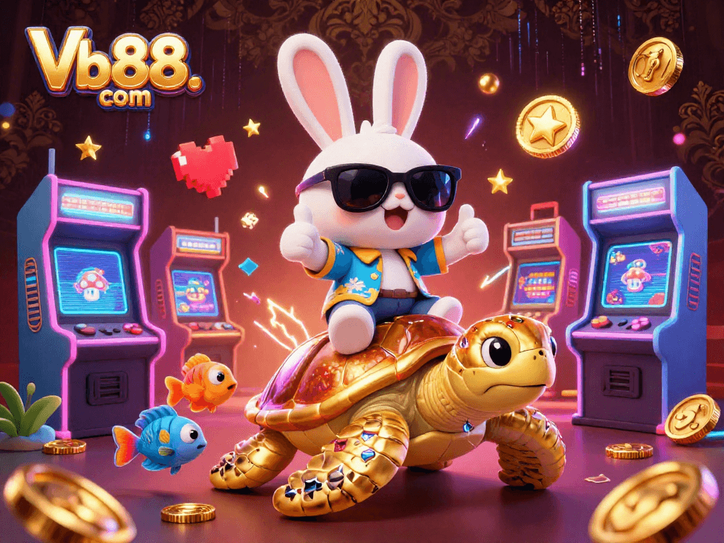 Join the action at Vb88. com with this vibrant 3D casino illustration featuring a lucky rabbit and golden sea turtle.