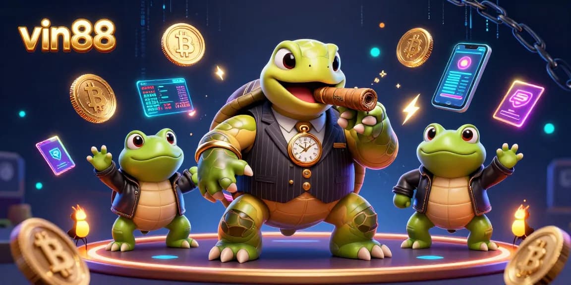 Engage with vin88's vibrant casino scene showcasing a turtle mobster and bullfrog enforcers.