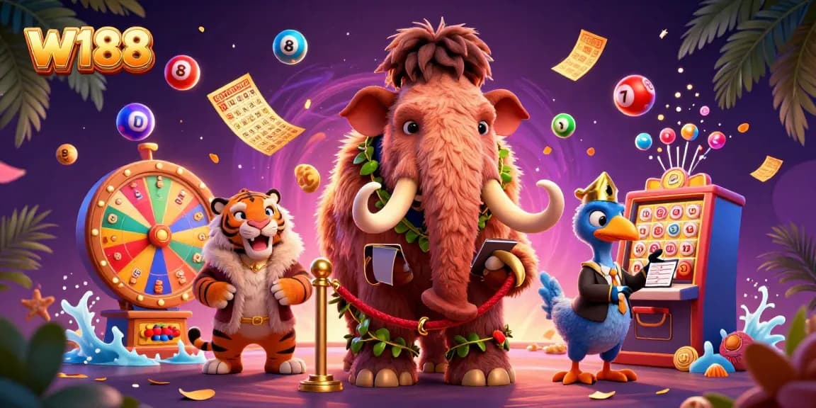 Join the excitement at W188 with colorful lottery elements and lively characters in a vibrant casino scene.