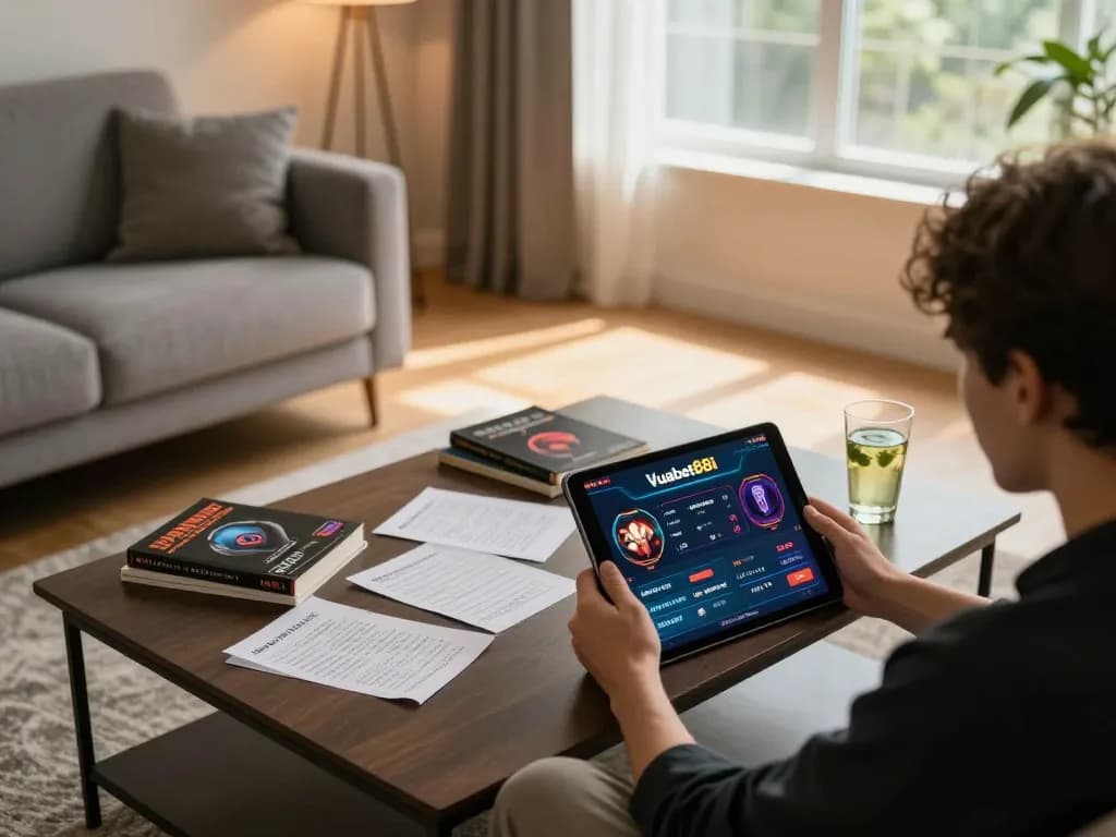 Player engaging with Vuabet88i's online gaming platform, showcasing an immersive experience in a cozy home setting