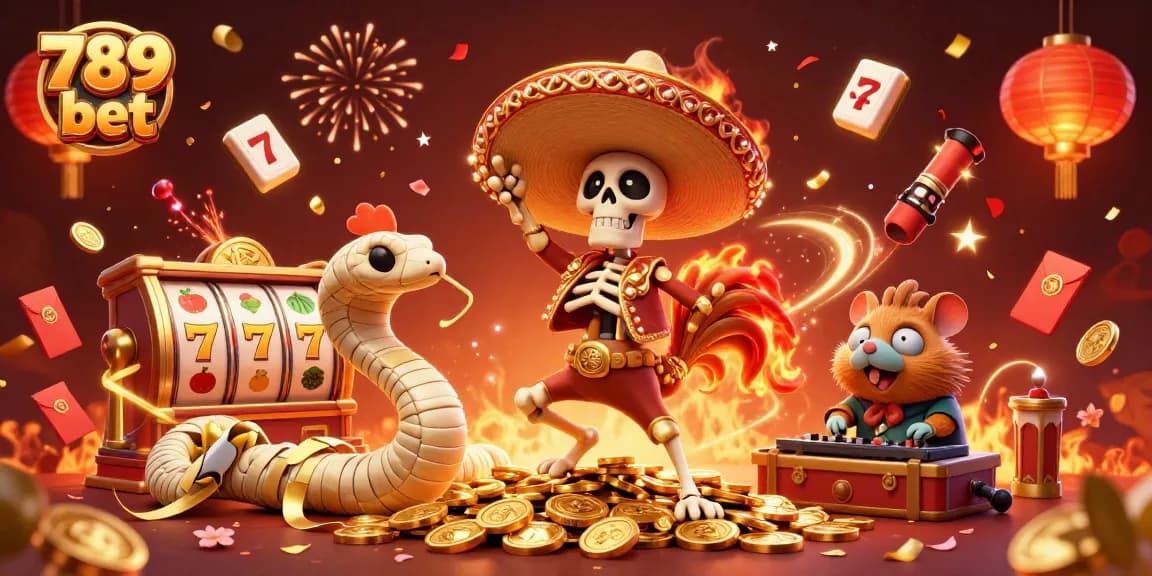 Experience vibrant gaming with 789 bet, featuring exciting slot reels, confetti, and animated characters.