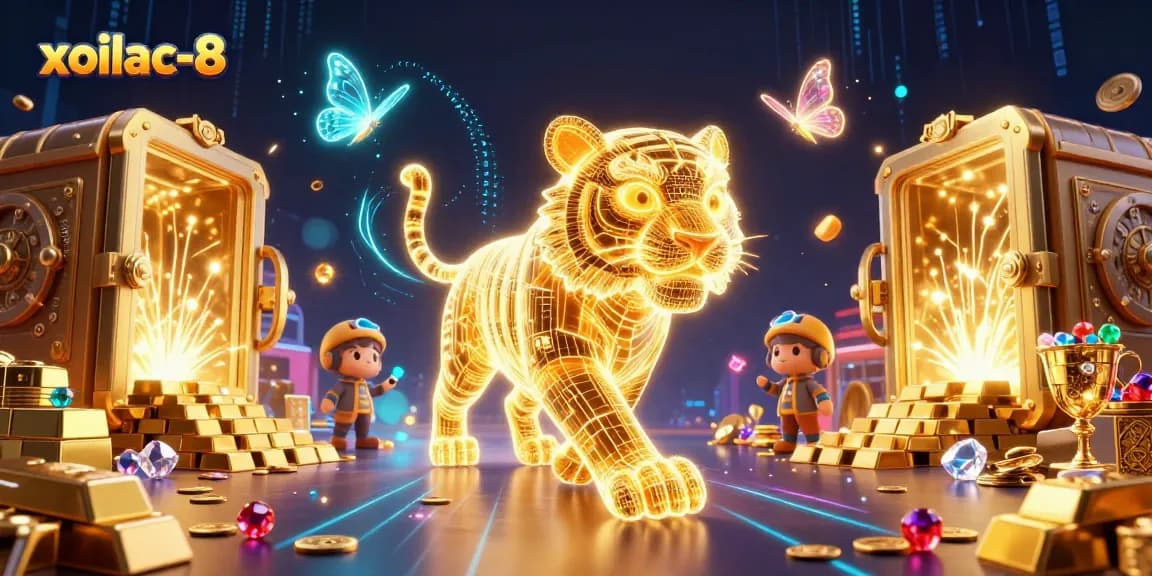 Xoilac-8 showcases a neon-wireframe tiger lighting up a digital casino, filled with treasures and vibrant energy.