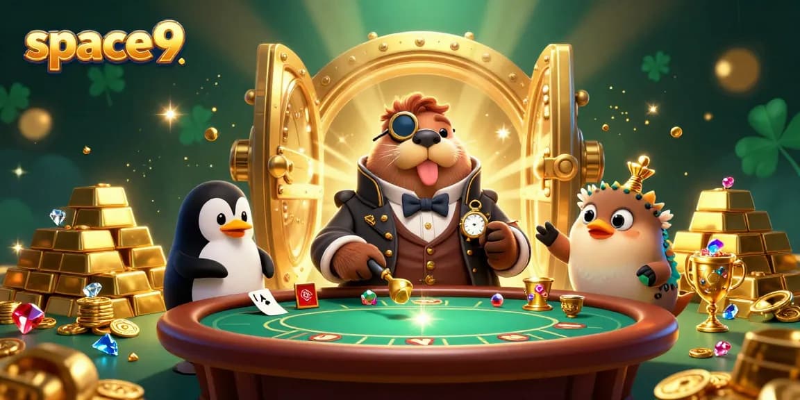 Engage at space9 casino with a vibrant poker scene featuring a jolly walrus and other fun characters.