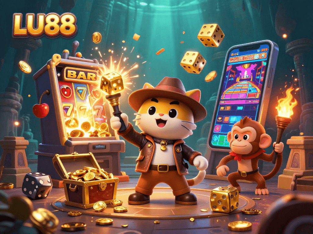 LU88 showcases a vibrant scene of excitement with 3D characters exploring hidden treasures in a lively casino.
