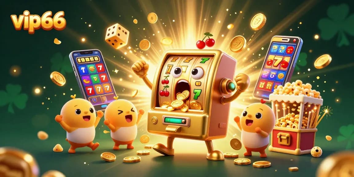 Experience vip66 excitement with a dazzling 3D slot machine hitting a jackpot amidst flying coins and cheering characters.