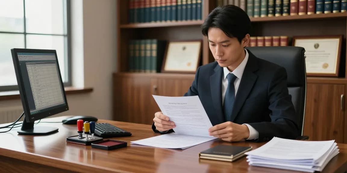 Apostille application process at a legal office, featuring a professional reviewing documents and tools for authentication.