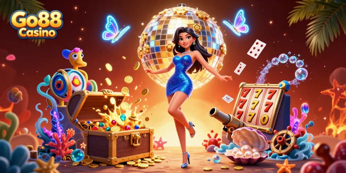 Experience the thrilling ambiance of Go88 Casino, with a dazzling dance scene and vibrant casino elements.