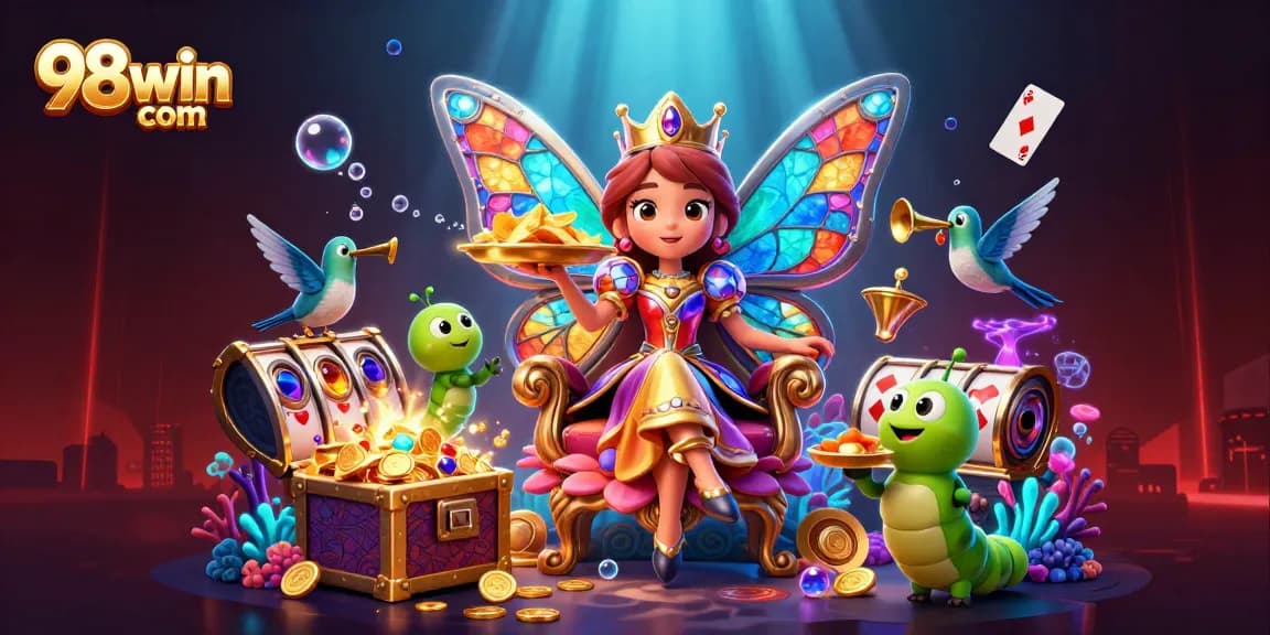 Experience 98win com's vibrant casino adventure with a colorful butterfly queen and treasure galore.