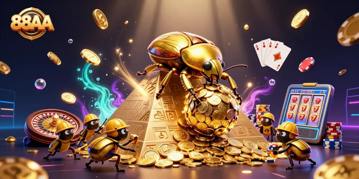 Engage with thrilling 88AA casino action featuring golden beetles amidst cascading coins and vibrant game elements.