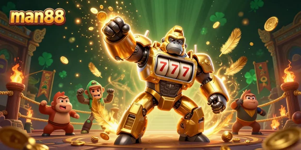 Engage with man88's thrilling gaming experience featuring a unique transformer-style gorilla mech in an animated casino adventure.