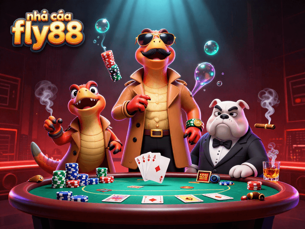 Play exciting games at nhà cái fly88 featuring raptors and poker elements in a vibrant casino scene