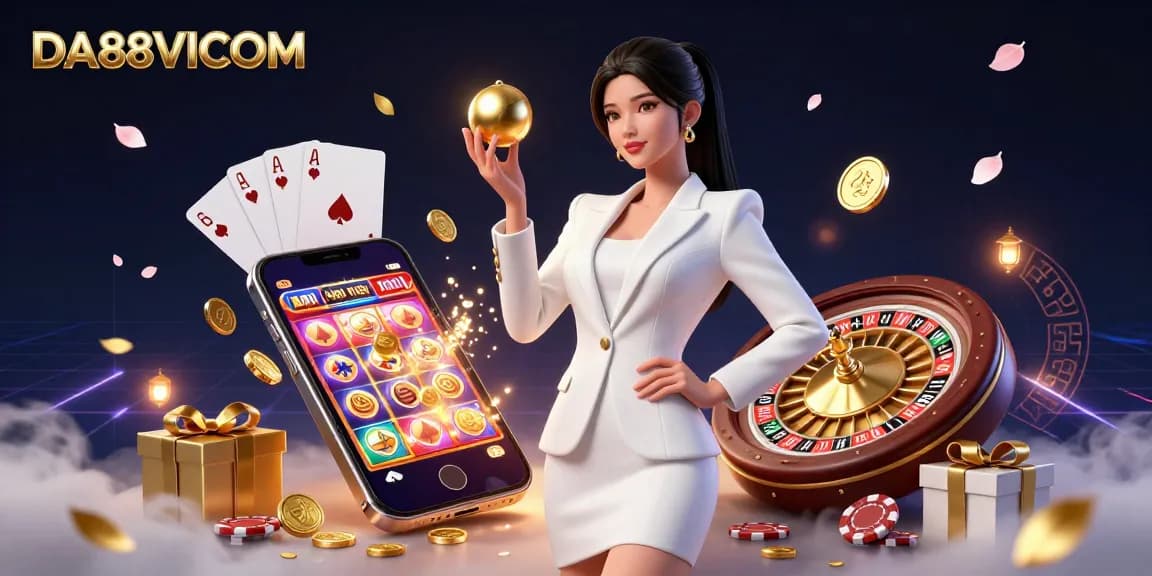 Experience the thrill of DA88VICOM as a confident woman captures a golden roulette ball amid vibrant casino elements.