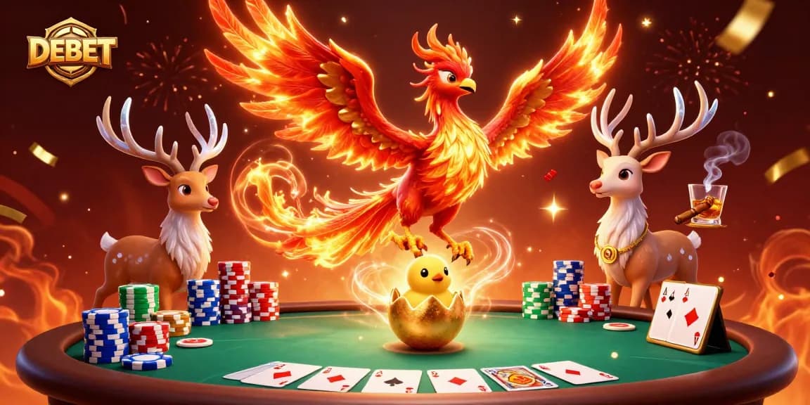 Engage in thrilling poker action at DEBET with vibrant phoenix characters and dynamic casino elements.