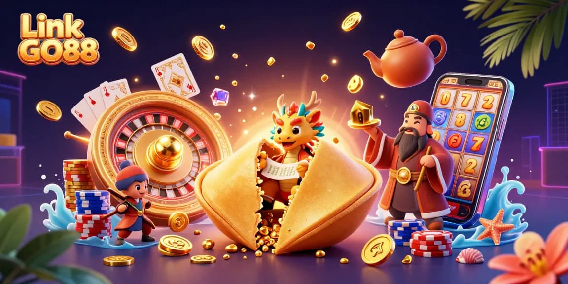 Experience the excitement of Link GO88 with vibrant casino elements and a magical fortune cookie scene.