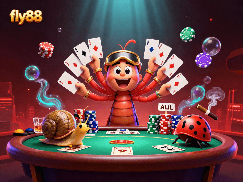Visualize fly88’s vibrant casino scene with a cartoon millipede dealer orchestrating excitement.
