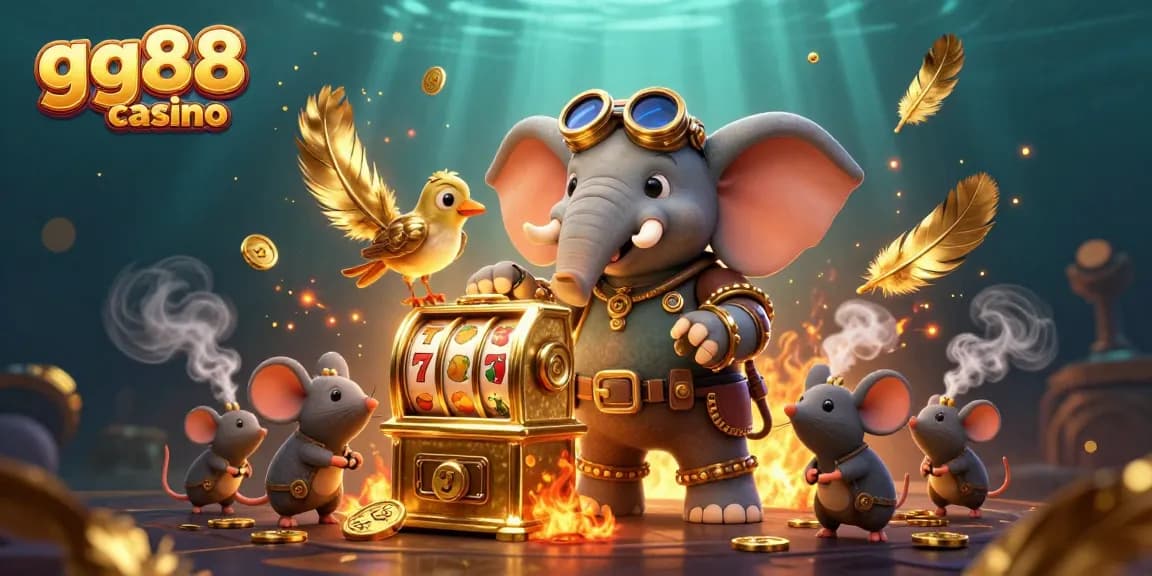 Engage with the vibrant gg88 casino as a steampunk elephant spins a dazzling golden slot machine.