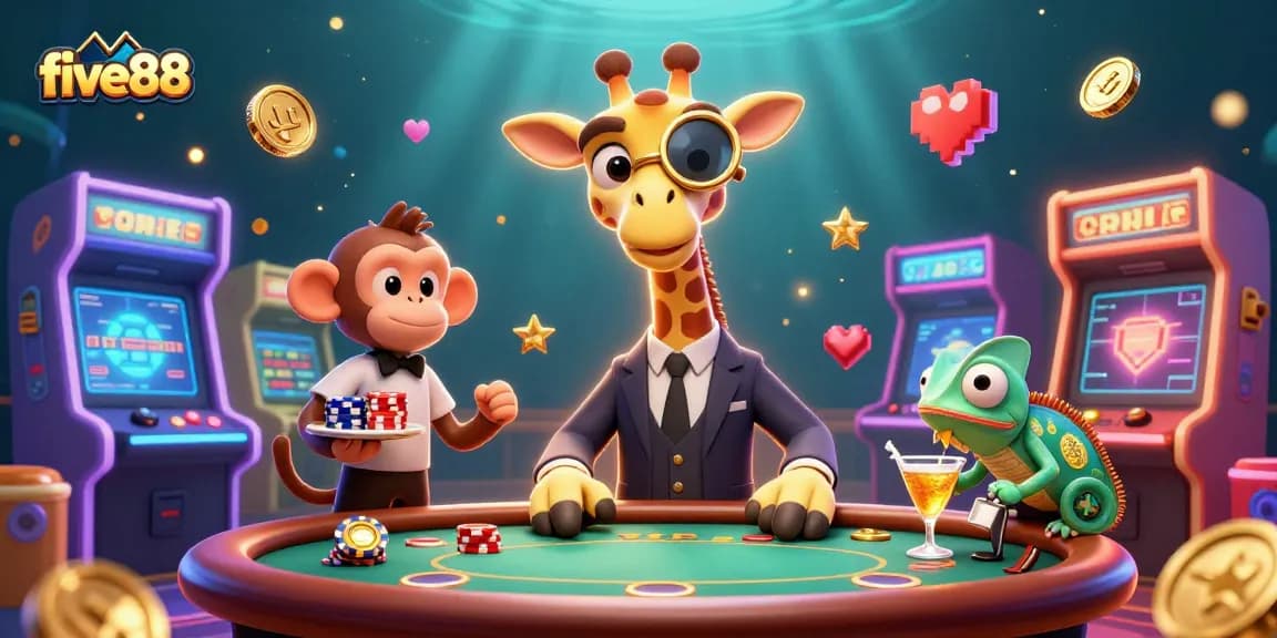 Experience the excitement of five88 with a vivid casino scene featuring a high-roller giraffe.