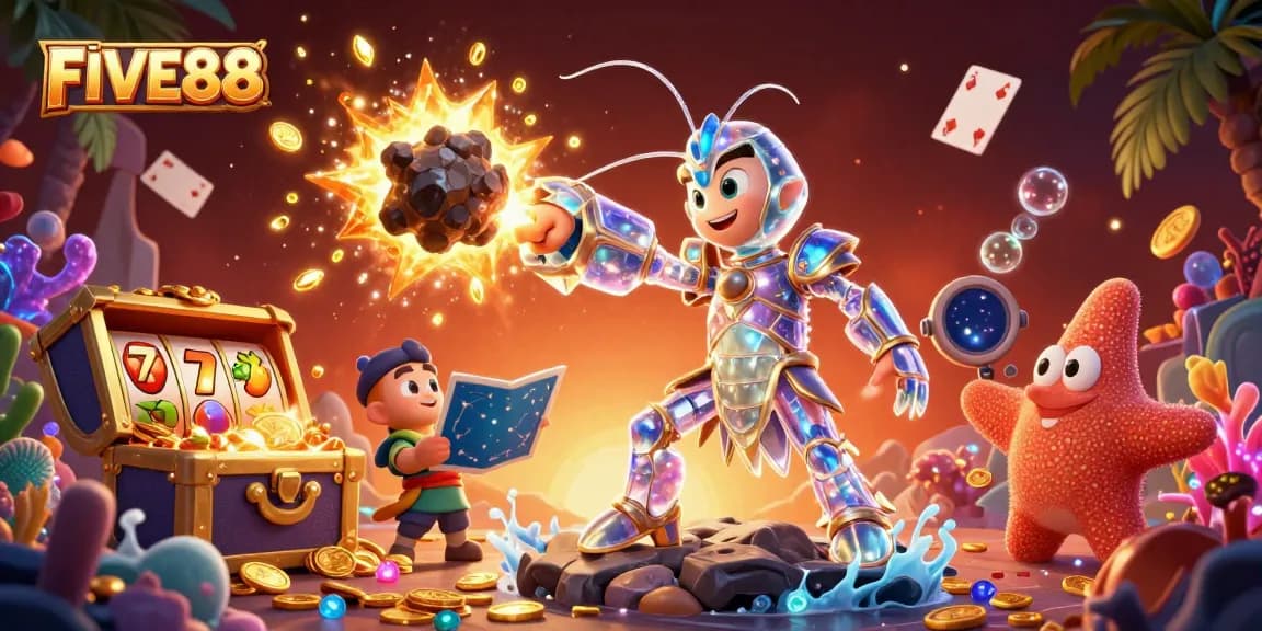 Experience winning strategies with FIVE88 in an action-packed 3D casino illustration.