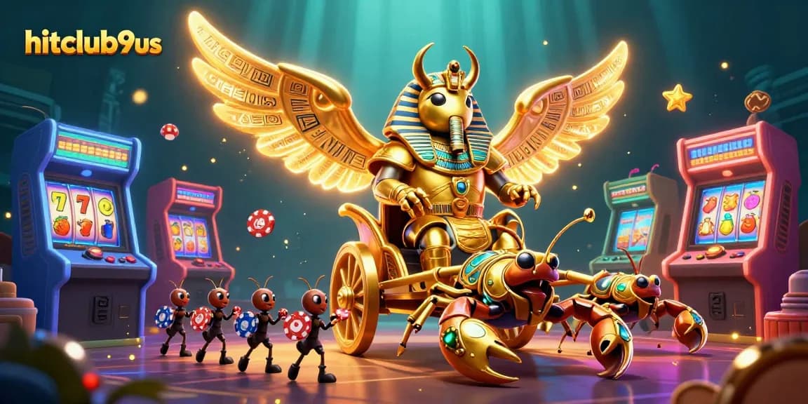 Experience thrilling wins with hitclub9us in this dynamic 3D gaming scene featuring unique characters and casino elements.